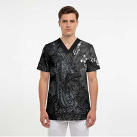Hawaiian Tropical Plants and Tribal Whales Scrub Top Polynesian Art Tattoo Grayscale
