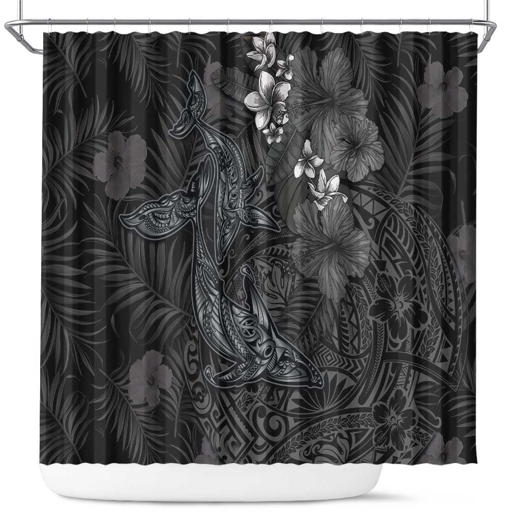 Hawaiian Tropical Plants and Tribal Whales Shower Curtain Polynesian Art Tattoo Grayscale LT03 Black - Polynesian Pride