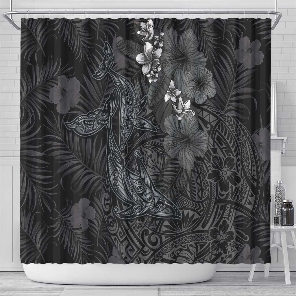 Hawaiian Tropical Plants and Tribal Whales Shower Curtain Polynesian Art Tattoo Grayscale LT03 - Polynesian Pride