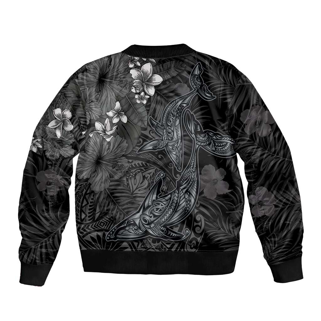 Hawaiian Tropical Plants and Tribal Whales Sleeve Zip Bomber Jacket Polynesian Art Tattoo Grayscale LT03 - Polynesian Pride