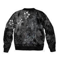 Hawaiian Tropical Plants and Tribal Whales Sleeve Zip Bomber Jacket Polynesian Art Tattoo Grayscale LT03 - Polynesian Pride