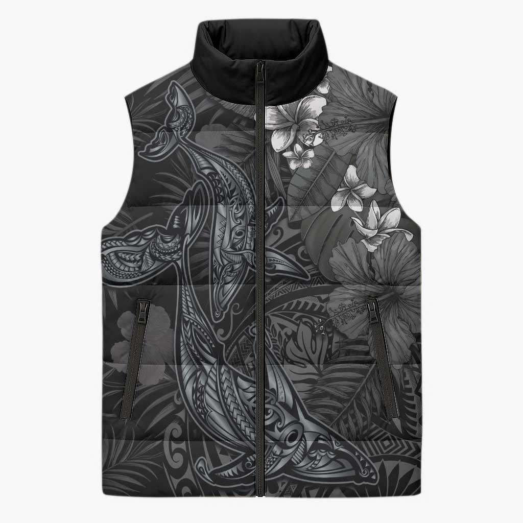 Hawaiian Tropical Plants and Tribal Whales Sleeveless Puffer Jacket Polynesian Art Tattoo Grayscale LT03 Unisex Black - Polynesian Pride