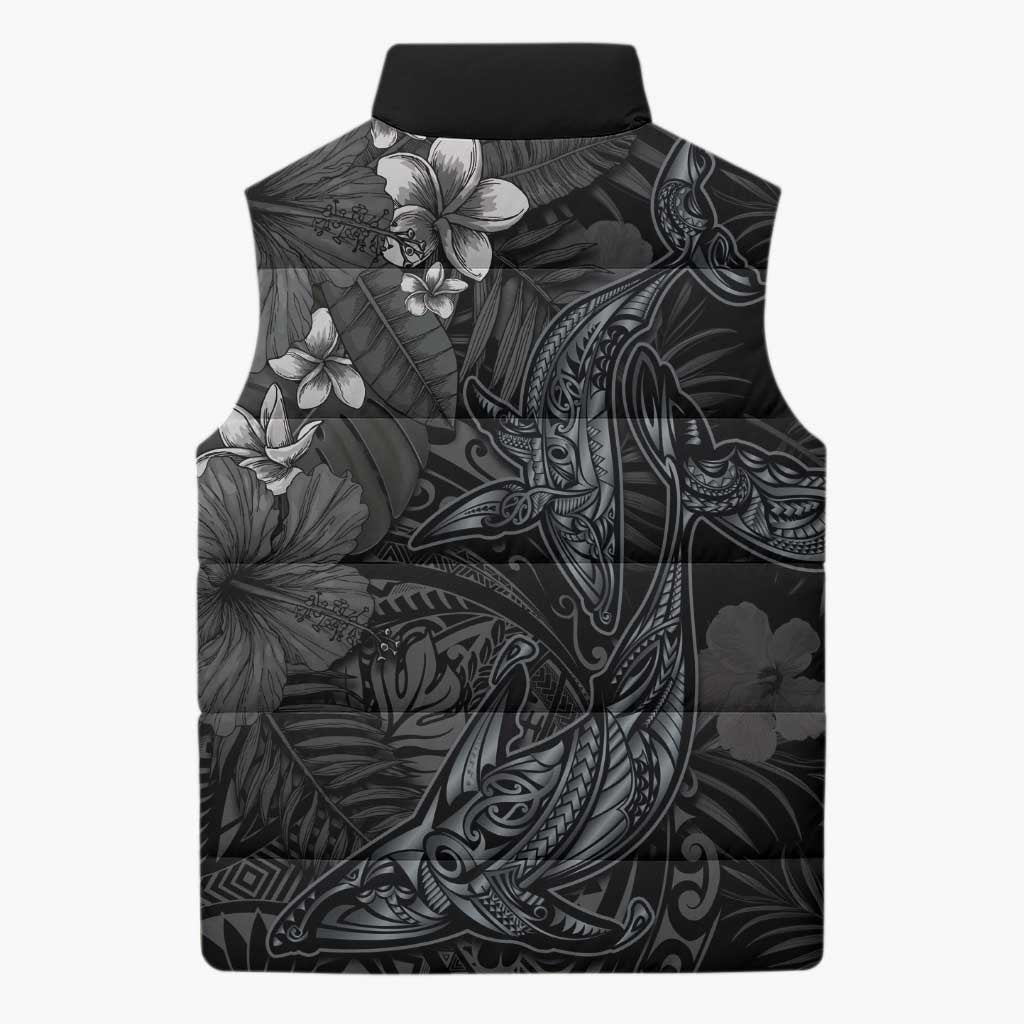 Hawaiian Tropical Plants and Tribal Whales Sleeveless Puffer Jacket Polynesian Art Tattoo Grayscale LT03 - Polynesian Pride