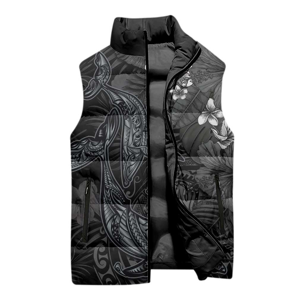 Hawaiian Tropical Plants and Tribal Whales Sleeveless Puffer Jacket Polynesian Art Tattoo Grayscale LT03 - Polynesian Pride