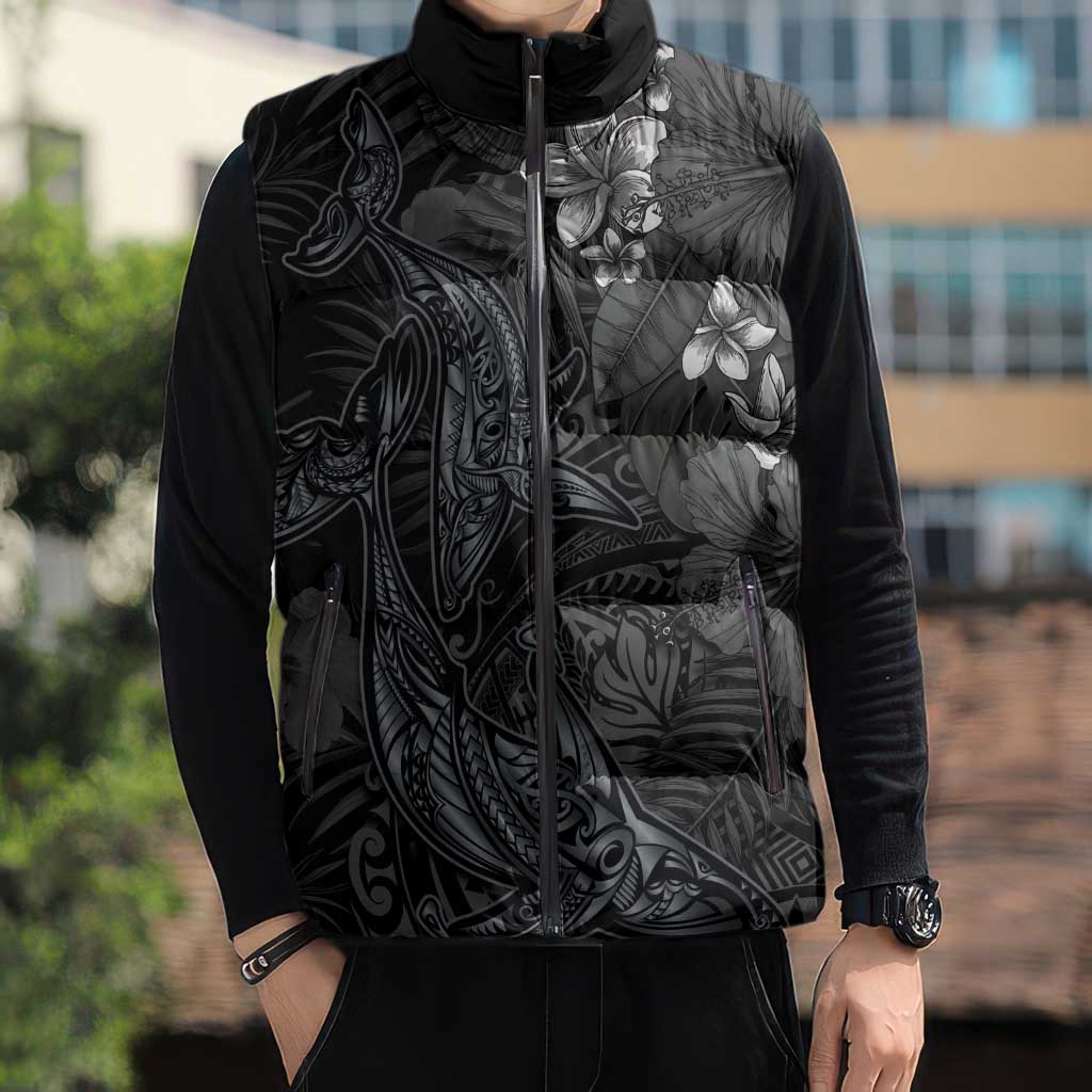 Hawaiian Tropical Plants and Tribal Whales Sleeveless Puffer Jacket Polynesian Art Tattoo Grayscale LT03 - Polynesian Pride