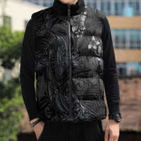Hawaiian Tropical Plants and Tribal Whales Sleeveless Puffer Jacket Polynesian Art Tattoo Grayscale LT03 - Polynesian Pride