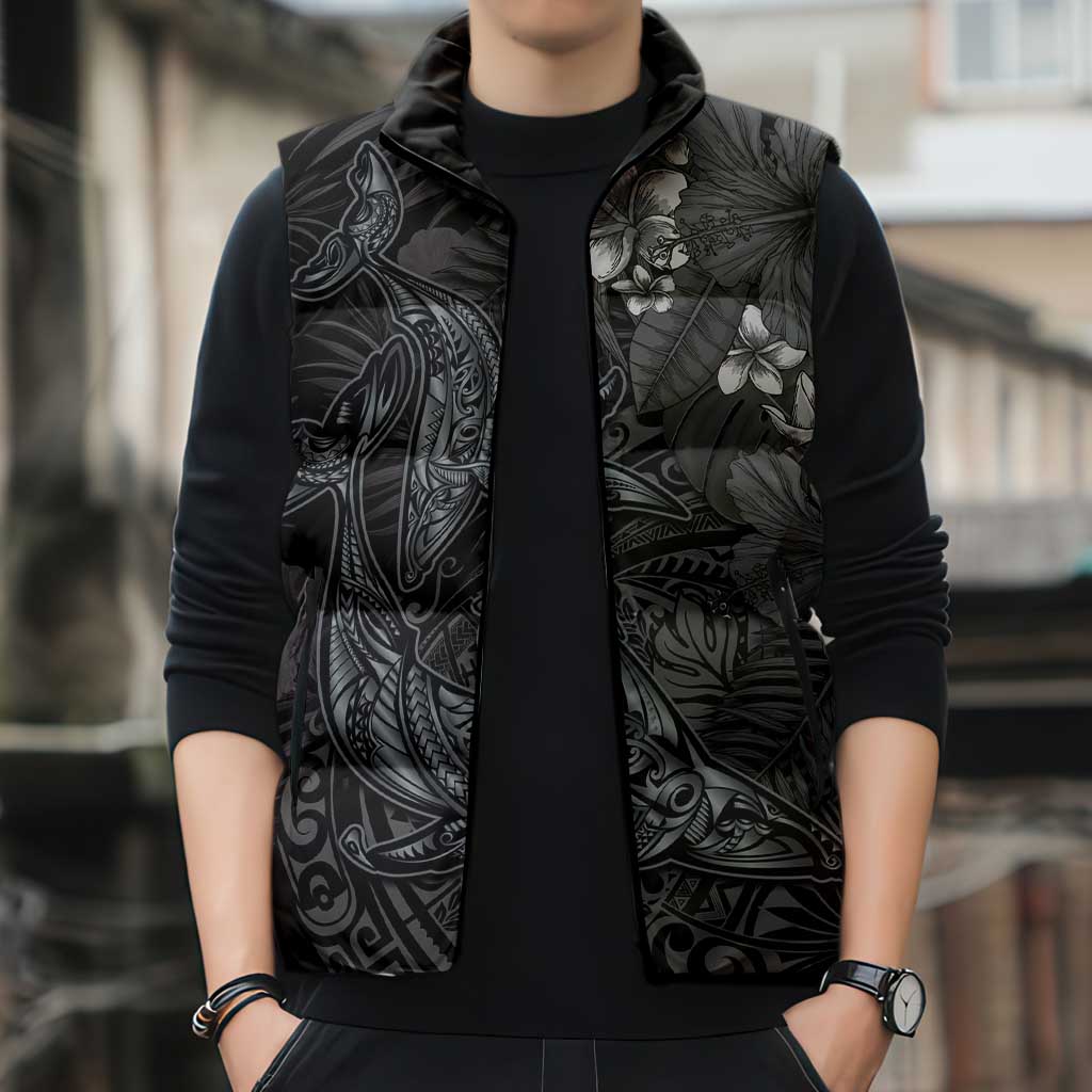 Hawaiian Tropical Plants and Tribal Whales Sleeveless Puffer Jacket Polynesian Art Tattoo Grayscale LT03 - Polynesian Pride