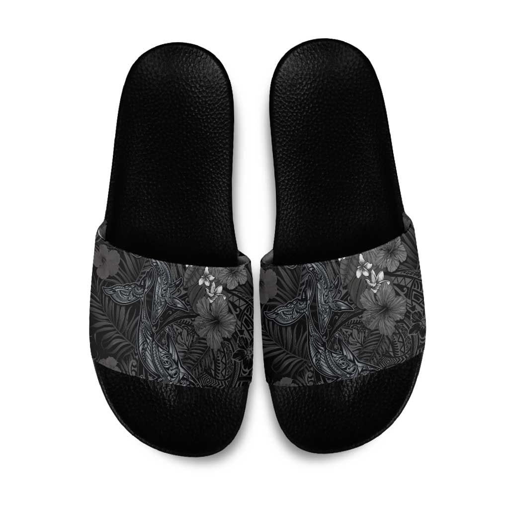 Hawaiian Tropical Plants and Tribal Whales Slide Sandals Polynesian Art Tattoo Grayscale LT03 Black - Polynesian Pride