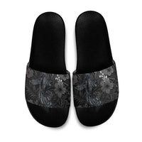 Hawaiian Tropical Plants and Tribal Whales Slide Sandals Polynesian Art Tattoo Grayscale LT03 Black - Polynesian Pride