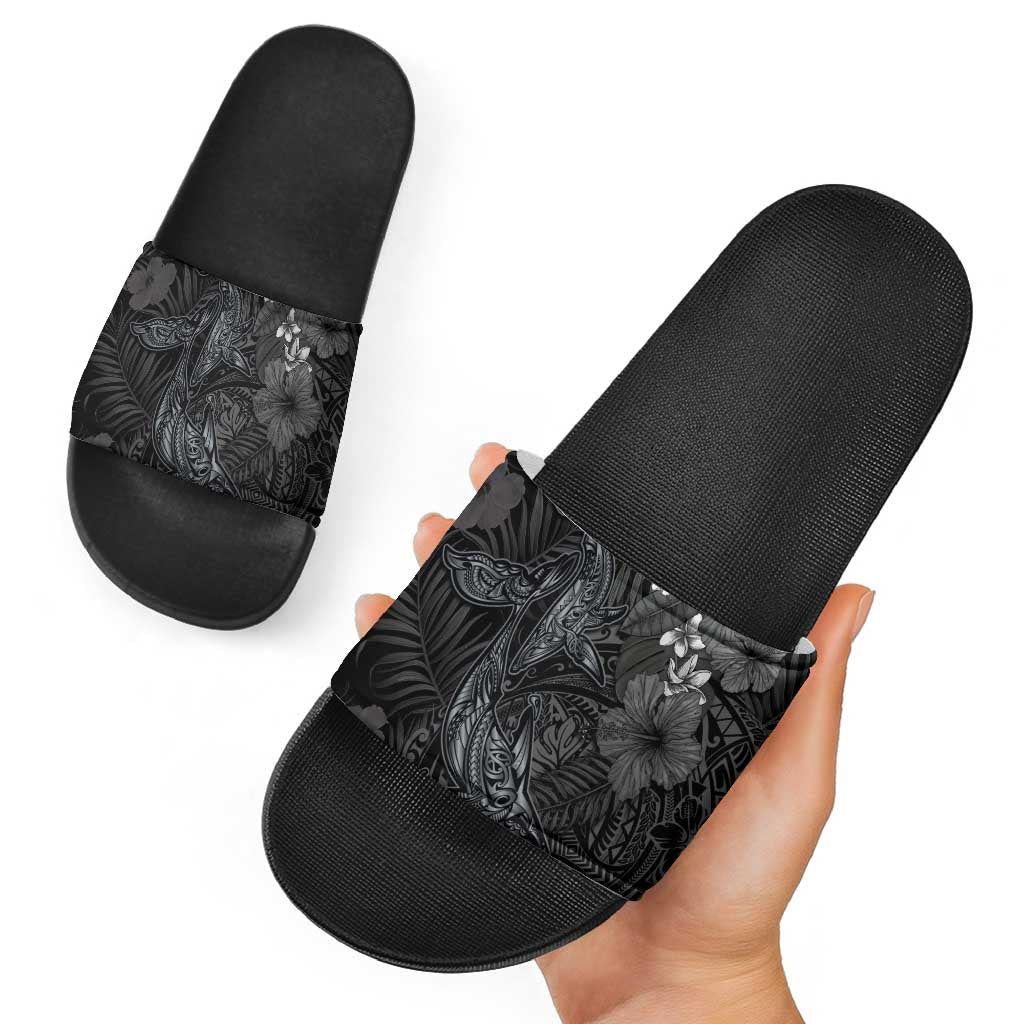 Hawaiian Tropical Plants and Tribal Whales Slide Sandals Polynesian Art Tattoo Grayscale LT03 - Polynesian Pride