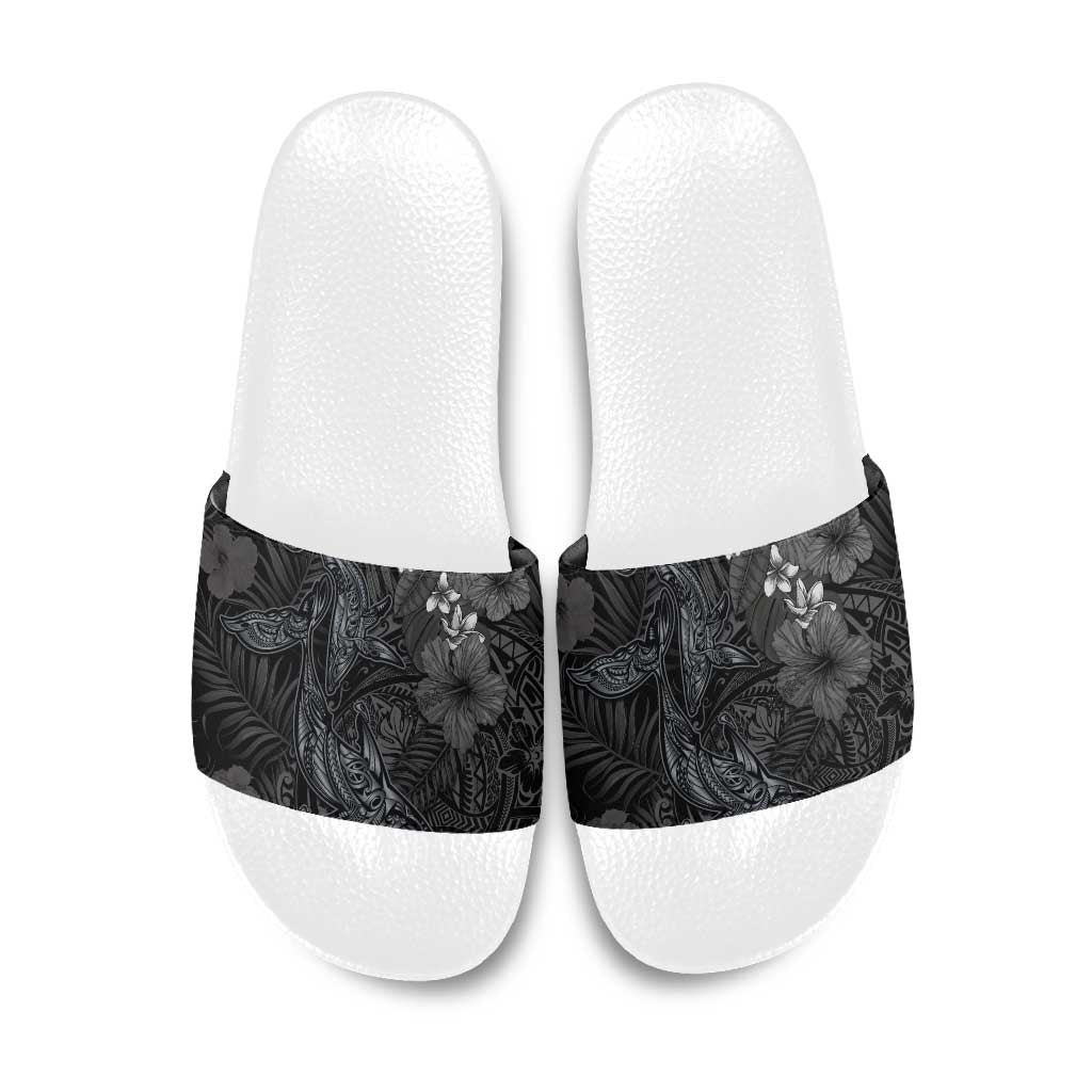 Hawaiian Tropical Plants and Tribal Whales Slide Sandals Polynesian Art Tattoo Grayscale LT03 Black - Polynesian Pride
