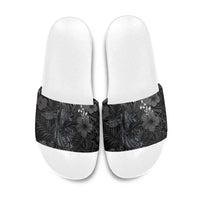 Hawaiian Tropical Plants and Tribal Whales Slide Sandals Polynesian Art Tattoo Grayscale LT03 Black - Polynesian Pride