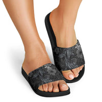 Hawaiian Tropical Plants and Tribal Whales Slide Sandals Polynesian Art Tattoo Grayscale LT03 - Polynesian Pride