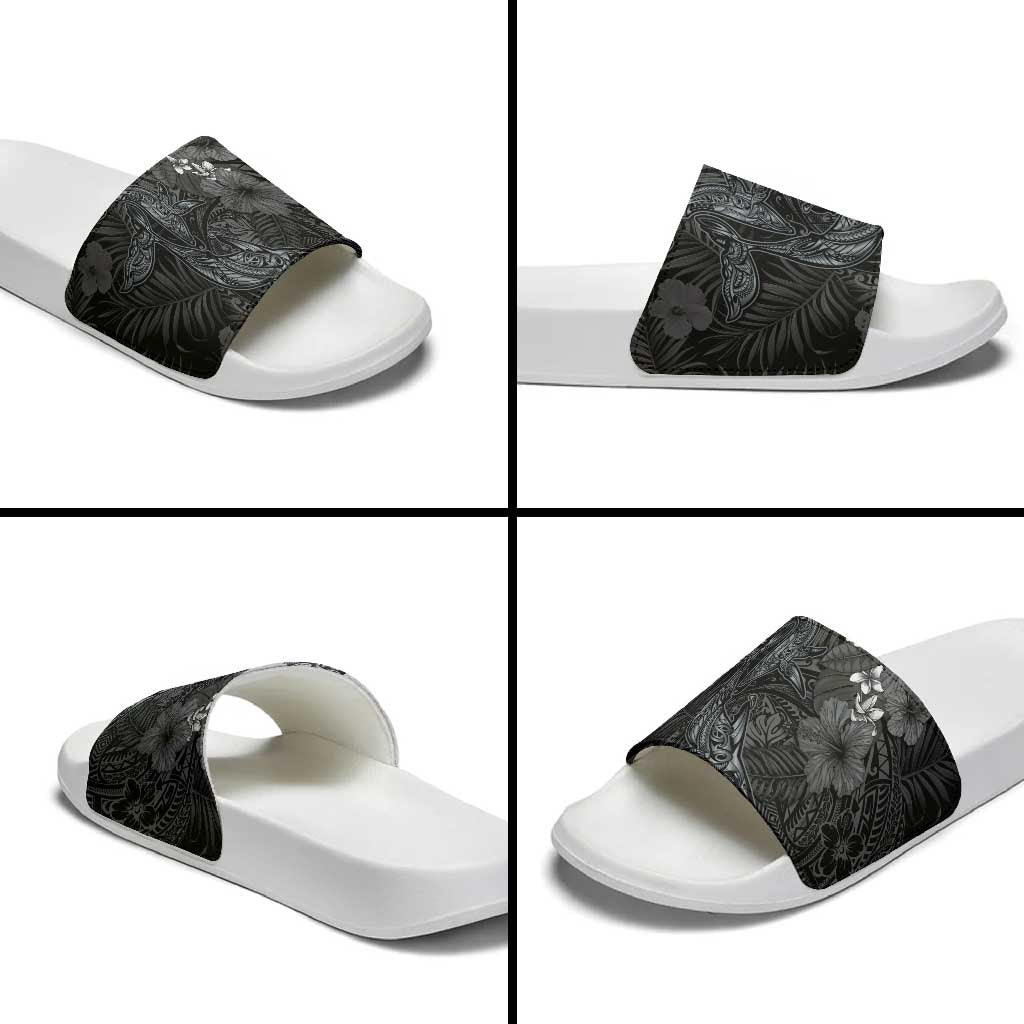 Hawaiian Tropical Plants and Tribal Whales Slide Sandals Polynesian Art Tattoo Grayscale LT03 - Polynesian Pride