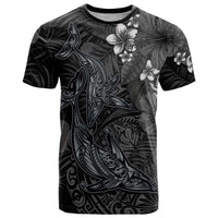 Hawaiian Tropical Plants and Tribal Whales T Shirt Polynesian Art Tattoo Grayscale