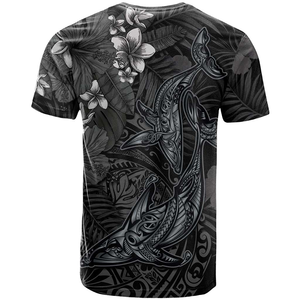 Hawaiian Tropical Plants and Tribal Whales T Shirt Polynesian Art Tattoo Grayscale