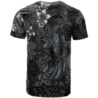 Hawaiian Tropical Plants and Tribal Whales T Shirt Polynesian Art Tattoo Grayscale
