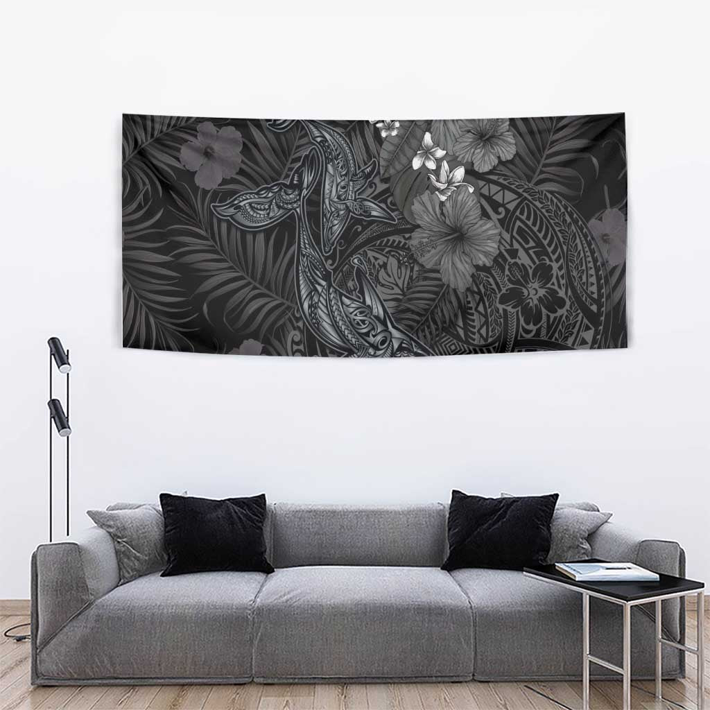 Hawaiian Tropical Plants and Tribal Whales Tapestry Polynesian Art Tattoo Grayscale