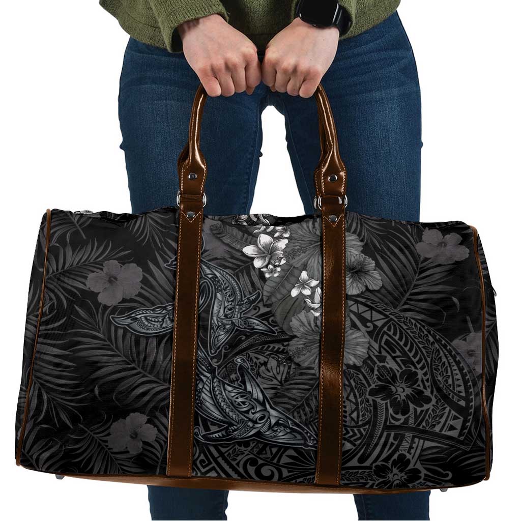 Hawaiian Tropical Plants and Tribal Whales Travel Bag Polynesian Art Tattoo Grayscale LT03 Black - Polynesian Pride