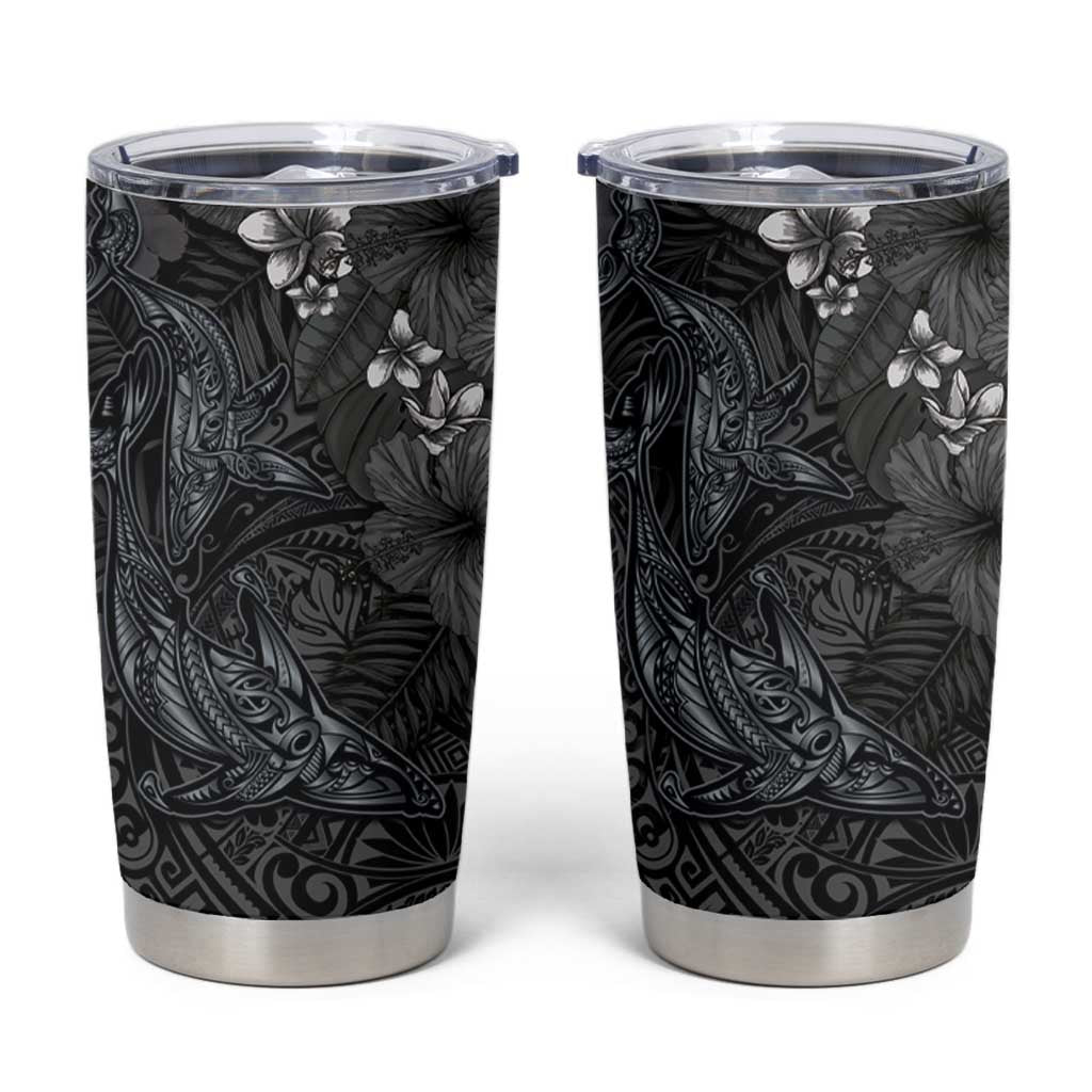 Hawaiian Tropical Plants and Tribal Whales Tumbler Cup Polynesian Art Tattoo Grayscale LT03 Black - Polynesian Pride