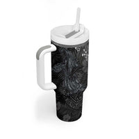 Hawaiian Tropical Plants and Tribal Whales Tumbler With Handle Polynesian Art Tattoo Grayscale