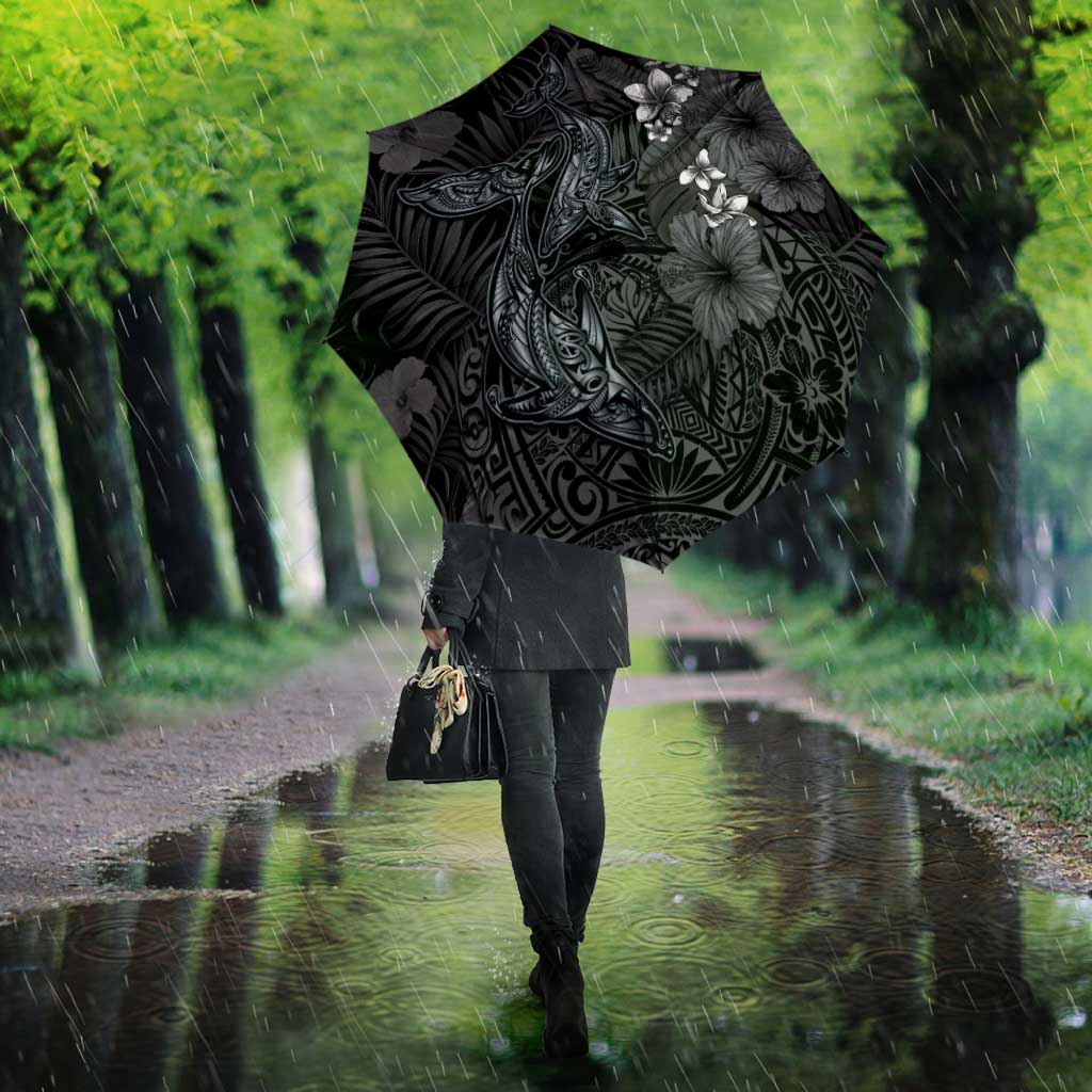 Hawaiian Tropical Plants and Tribal Whales Umbrella Polynesian Art Tattoo Grayscale LT03 - Polynesian Pride