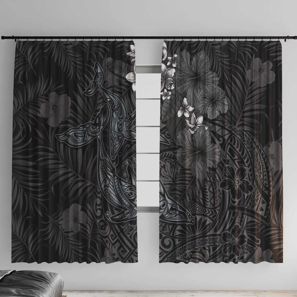 Hawaiian Tropical Plants and Tribal Whales Window Curtain Polynesian Art Tattoo Grayscale LT03 With Hooks Black - Polynesian Pride