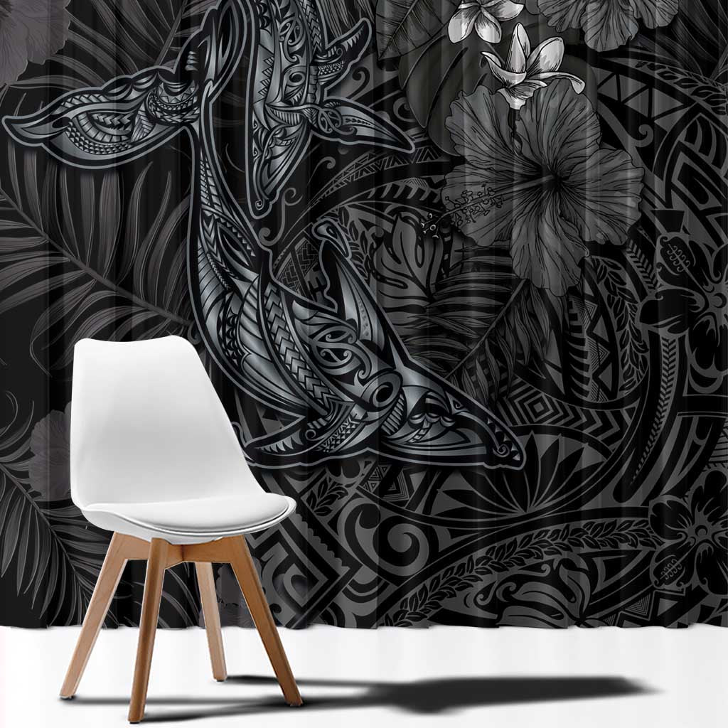 Hawaiian Tropical Plants and Tribal Whales Window Curtain Polynesian Art Tattoo Grayscale LT03 - Polynesian Pride