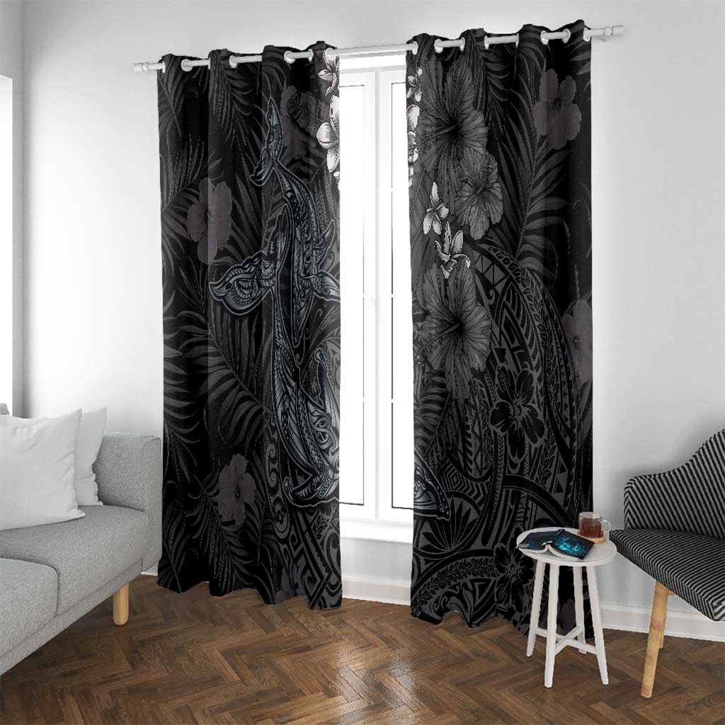 Hawaiian Tropical Plants and Tribal Whales Window Curtain Polynesian Art Tattoo Grayscale LT03 With Grommets Black - Polynesian Pride