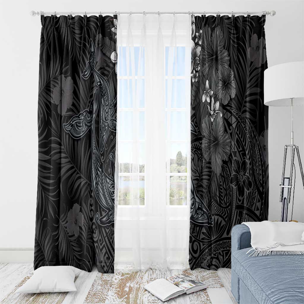 Hawaiian Tropical Plants and Tribal Whales Window Curtain Polynesian Art Tattoo Grayscale LT03 - Polynesian Pride