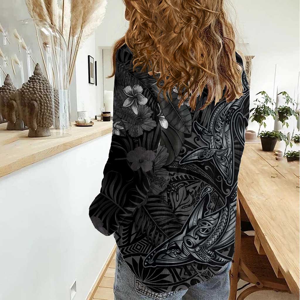 Hawaiian Tropical Plants and Tribal Whales Women Casual Shirt Polynesian Art Tattoo Grayscale