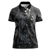 Hawaiian Tropical Plants and Tribal Whales Women Polo Shirt Polynesian Art Tattoo Grayscale
