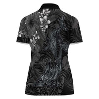 Hawaiian Tropical Plants and Tribal Whales Women Polo Shirt Polynesian Art Tattoo Grayscale