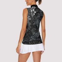 Hawaiian Tropical Plants and Tribal Whales Women Sleeveless Polo Shirt Polynesian Art Tattoo Grayscale
