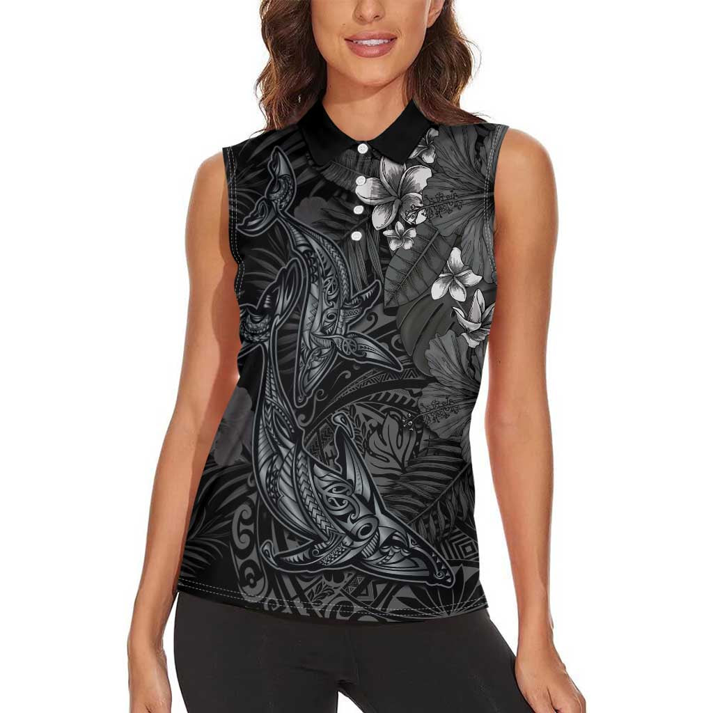 Hawaiian Tropical Plants and Tribal Whales Women Sleeveless Polo Shirt Polynesian Art Tattoo Grayscale