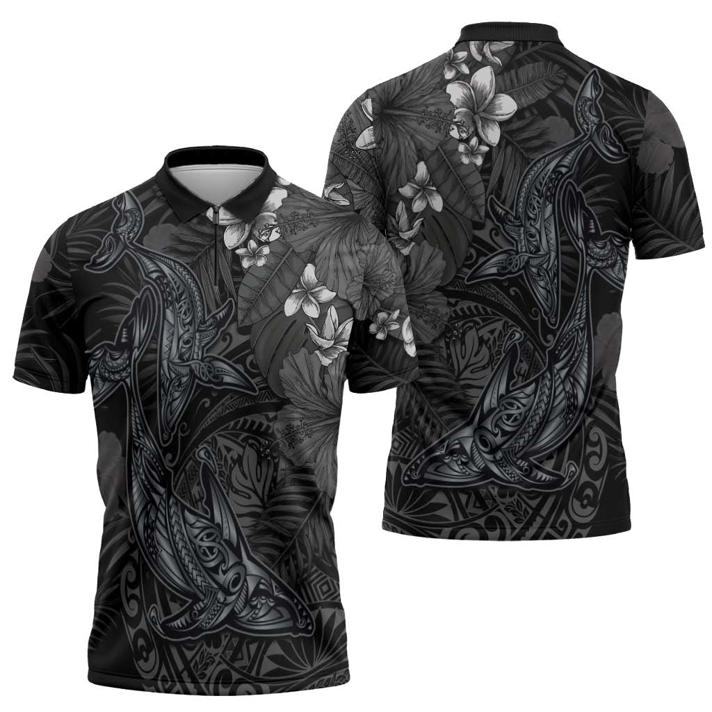 Hawaiian Tropical Plants and Tribal Whales Zipper Polo Shirt Polynesian Art Tattoo Grayscale
