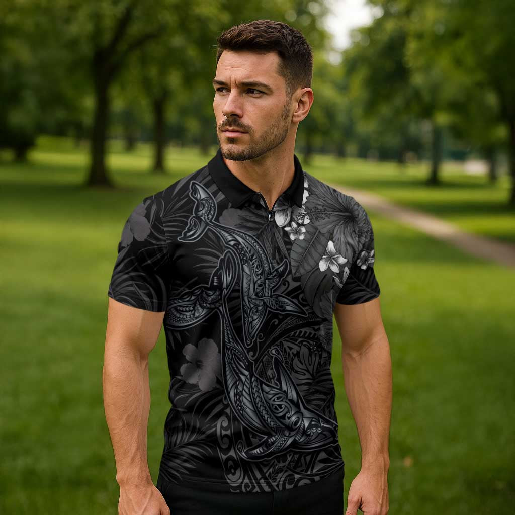 Hawaiian Tropical Plants and Tribal Whales Zipper Polo Shirt Polynesian Art Tattoo Grayscale
