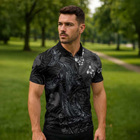 Hawaiian Tropical Plants and Tribal Whales Zipper Polo Shirt Polynesian Art Tattoo Grayscale