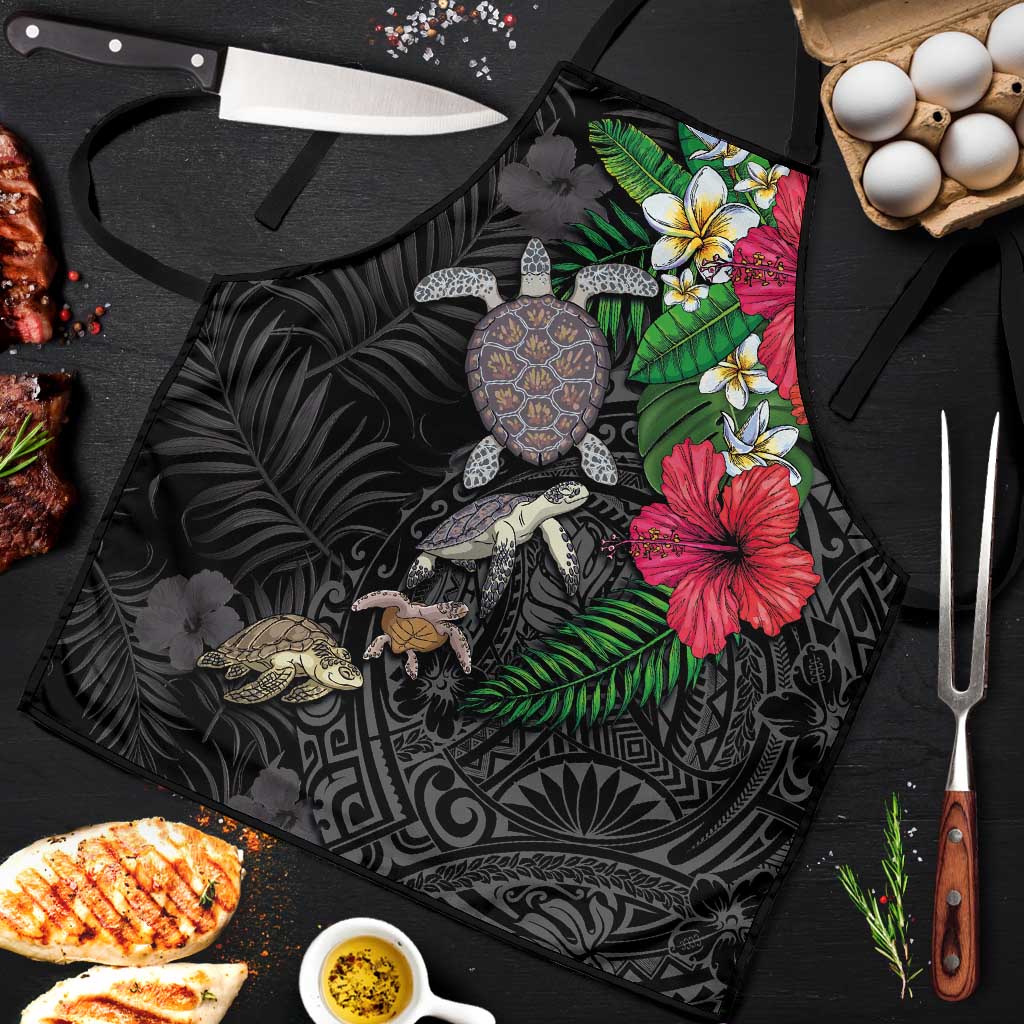 Hawaiian Tropical Plants and Turtles Apron Polynesian Art Motifs LT03 Black - Polynesian Pride