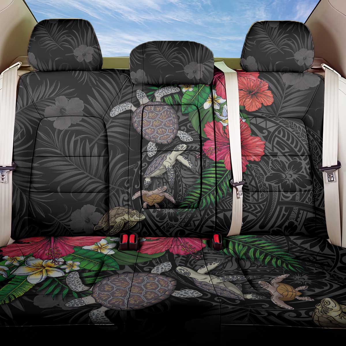 Hawaiian Tropical Plants and Turtles Back Car Seat Cover Polynesian Art Motifs LT03 One Size Black - Polynesian Pride