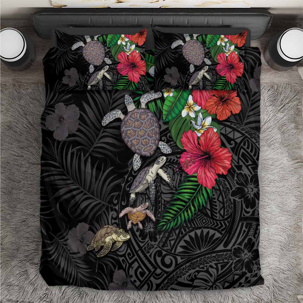 Hawaiian Tropical Plants and Turtles Bedding Set Polynesian Art Motifs LT03 Black - Polynesian Pride