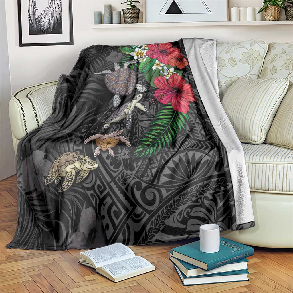 Hawaiian Tropical Plants and Turtles Blanket Polynesian Art Motifs LT03 Black - Polynesian Pride