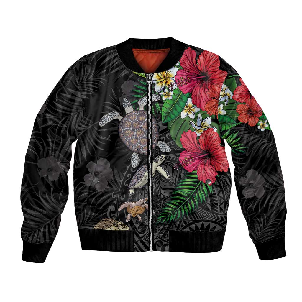 Hawaiian Tropical Plants and Turtles Bomber Jacket Polynesian Art Motifs LT03 Unisex Black - Polynesian Pride