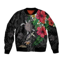 Hawaiian Tropical Plants and Turtles Bomber Jacket Polynesian Art Motifs LT03 Unisex Black - Polynesian Pride