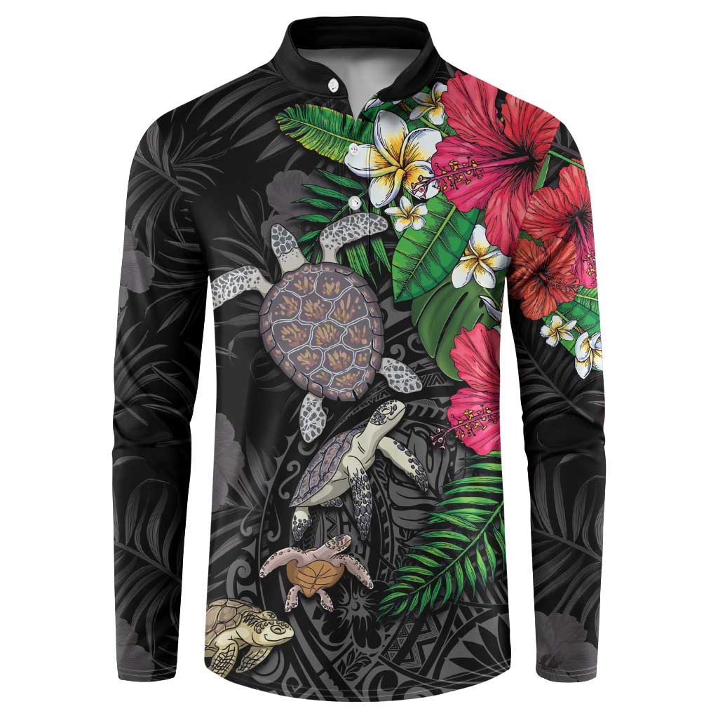 Hawaiian Tropical Plants and Turtles Button Sweatshirt Polynesian Art Motifs LT03 Black - Polynesian Pride