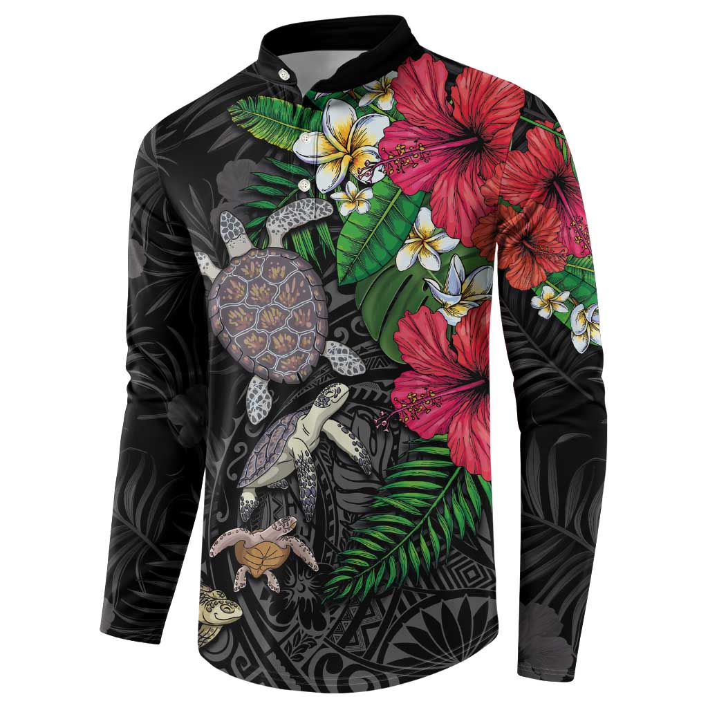 Hawaiian Tropical Plants and Turtles Button Sweatshirt Polynesian Art Motifs