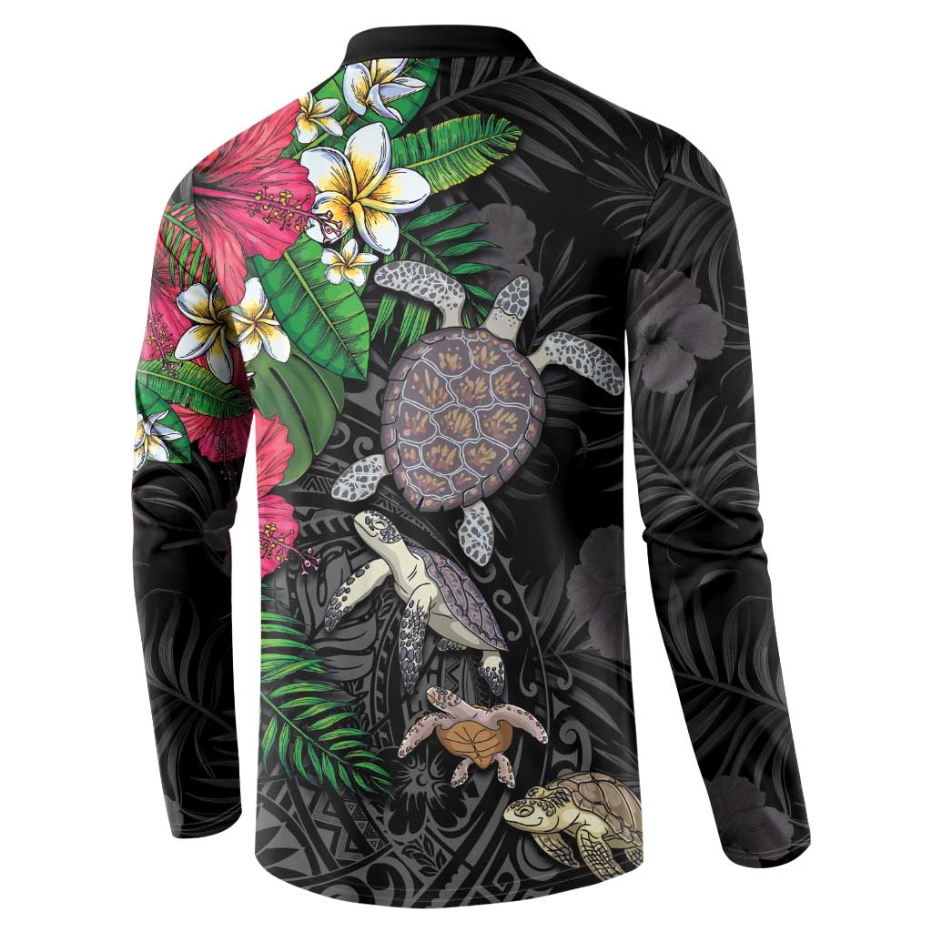 Hawaiian Tropical Plants and Turtles Button Sweatshirt Polynesian Art Motifs
