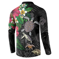 Hawaiian Tropical Plants and Turtles Button Sweatshirt Polynesian Art Motifs