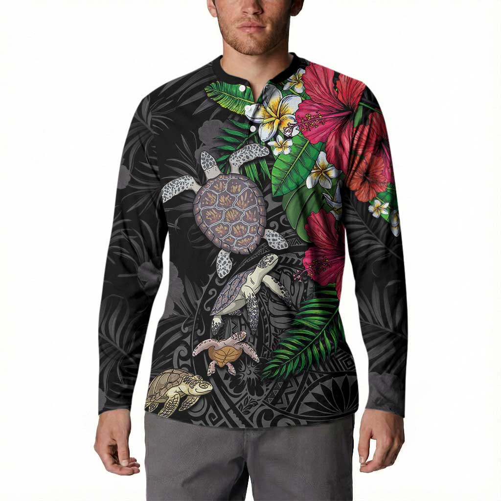 Hawaiian Tropical Plants and Turtles Button Sweatshirt Polynesian Art Motifs