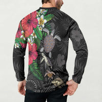 Hawaiian Tropical Plants and Turtles Button Sweatshirt Polynesian Art Motifs